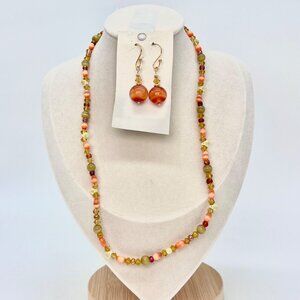 Handmade Beaded Necklace & Earrings Set Fall Colors Glass Beads Gold Tone